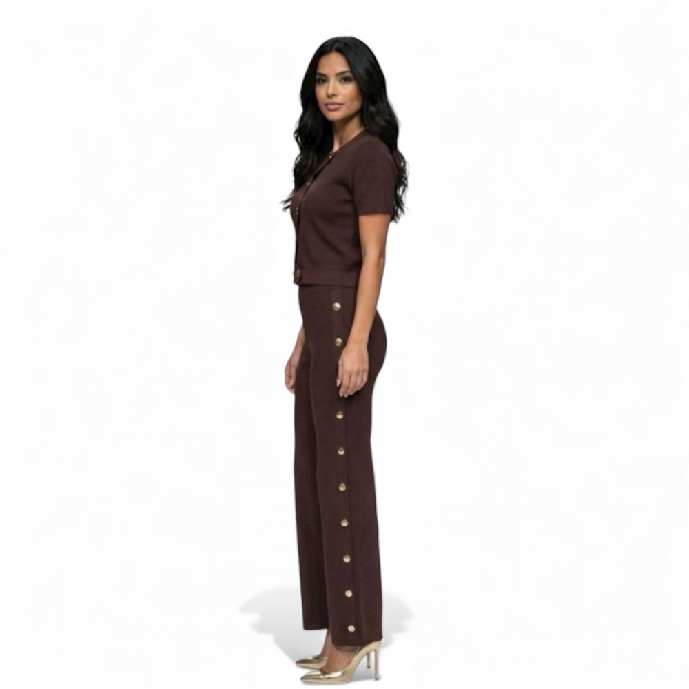 Brown Knit Sweater & Pants Set | Button Detail | Elastic Waist - Picture 2 of 6